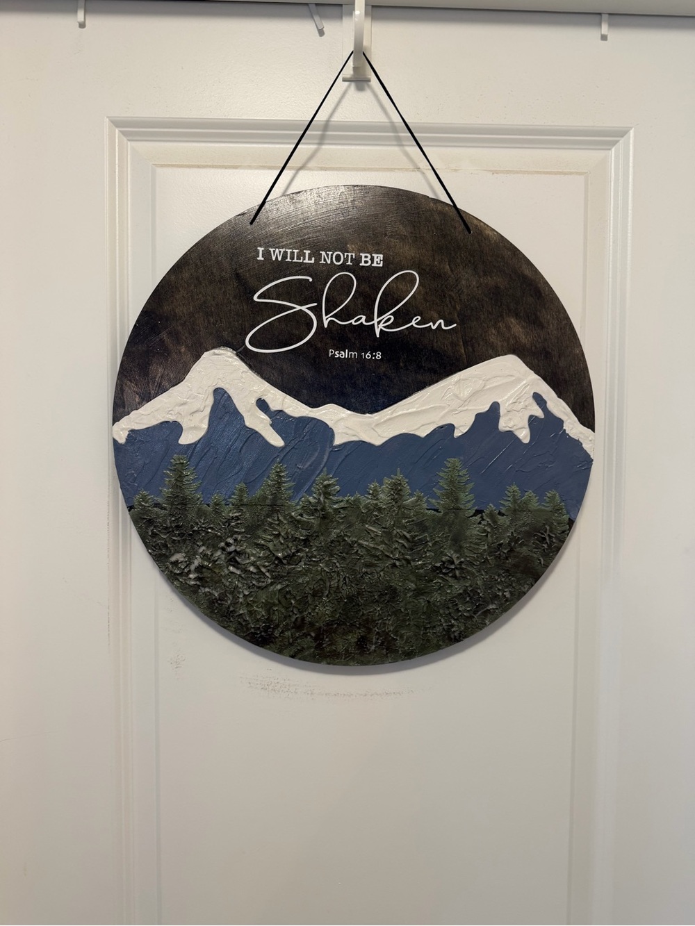 Faith-Inspired Round Mountain Wall Art in Navy, White & Green